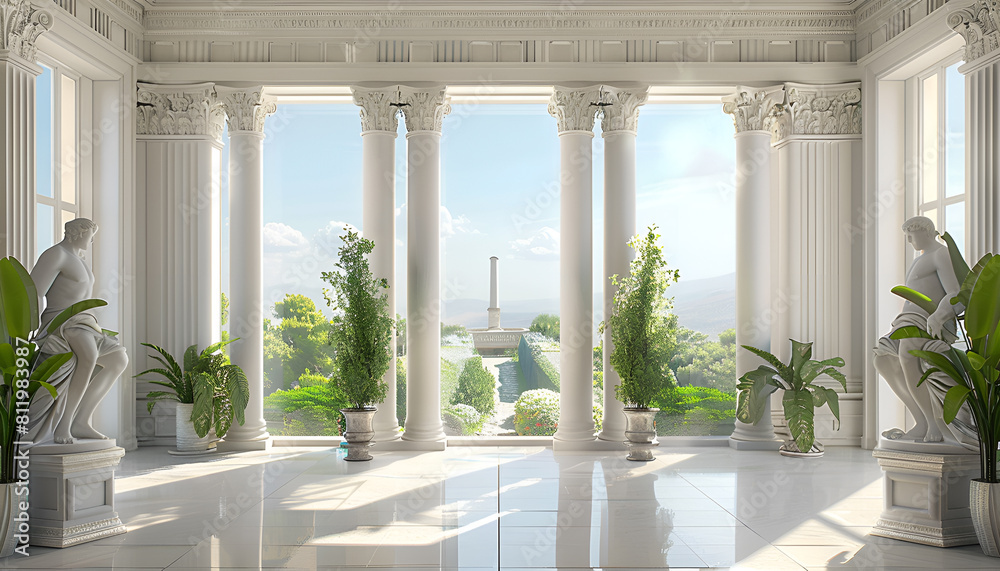 elegant white interior with columns, statues and potted plants, overlooking a scenic landscape