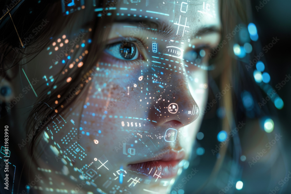 A close up of a woman 's face with numbers on it