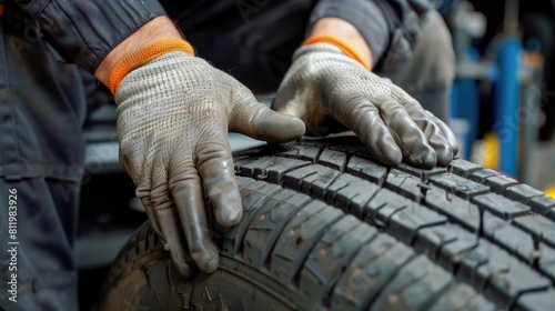 A man is wearing gloves and working on a tire