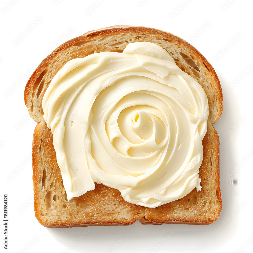 Fototapeta premium Bread slice with cream cheese or butter top view isolated on white background