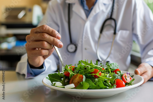 A doctor is eating a salad
