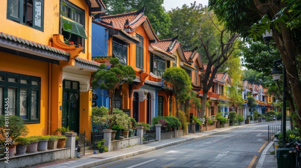 A quiet urban street lined with vibrant, colorful townhouses featuring unique architectural details and lush greenery. A quiet urban street lined with vibrant, colorful townhouses featuring unique architectural details and lush greenery.