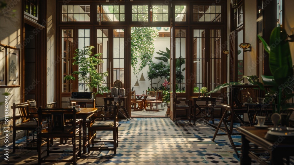 Obraz premium A grand heritage mansion interior, richly adorned with intricate moldings, stained glass windows, and elegant vintage furniture.