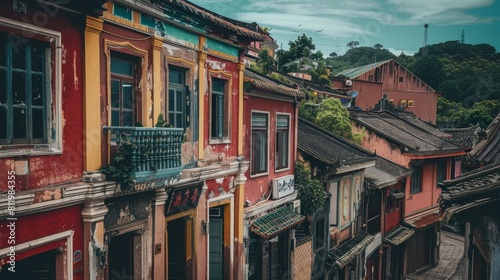 A picturesque view of a historic street lined with vibrant, weathered buildings in an old Asian town, showcasing traditional architectural styles.