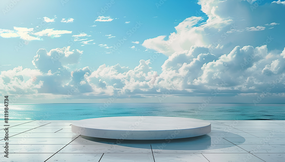 white concrete podium on a tile floor, against a serene ocean and cloudy sky background