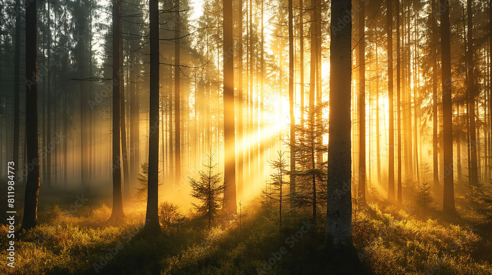 Obraz premium Sunlight streaming through tall pine trees in a forest