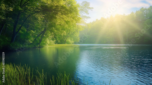 Serene river flowing through a lush forest, sunlight through mist