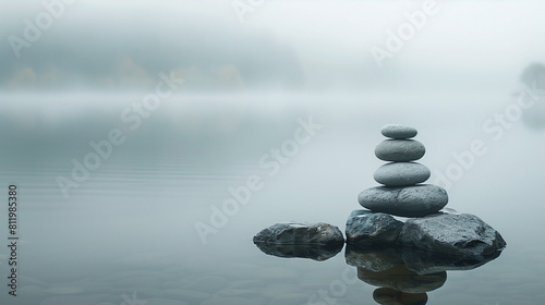 Zen stone stack by a misty lake
