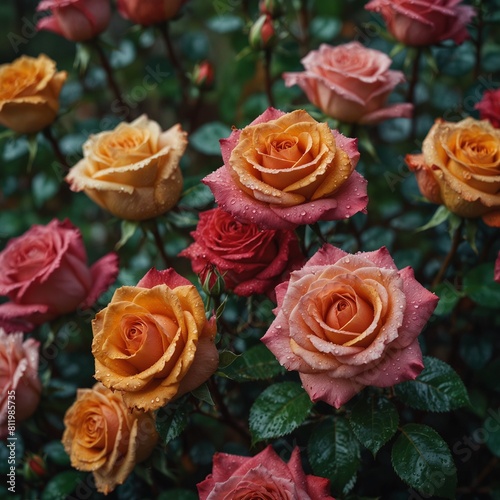 A closeup of a rose bush with red pink and orange rose.