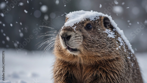 Snowy Groundhog Day, Groundhog Covered in Snow Amidst the Celebration