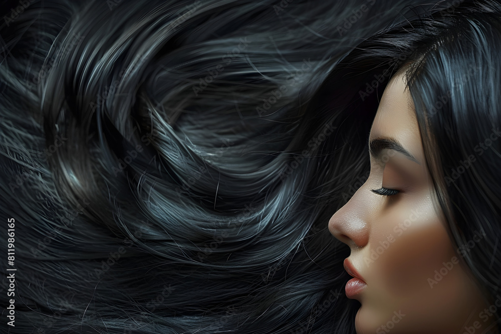 Women's dark hair, enhanced with premium hair care products Women's dark hair, enhanced with premium hair care products