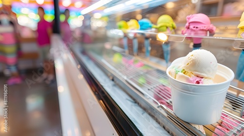 Assorted colorful ice cream scoops displayed in a chilled showcase at a festive market or retail shop
