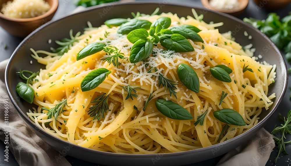 Spaghetti squash with herbs and parmesan top view
Spaghetti squash with herbs and parmesan top view