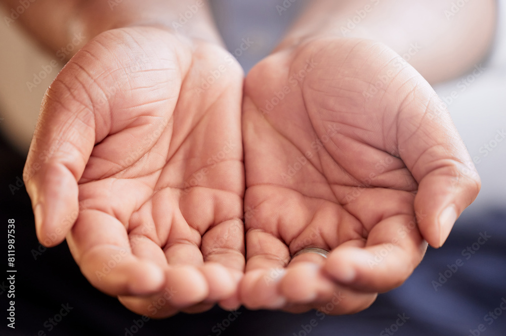 Open palm, closeup and hands for charity, care or kindness from public, society and help for poverty. Person, asking and sign for accountability, social responsibility or call to action in community Open palm, closeup and hands for charity, care or kindness from public, society and help for poverty. Person, asking and sign for accountability, social responsibility or call to action in community