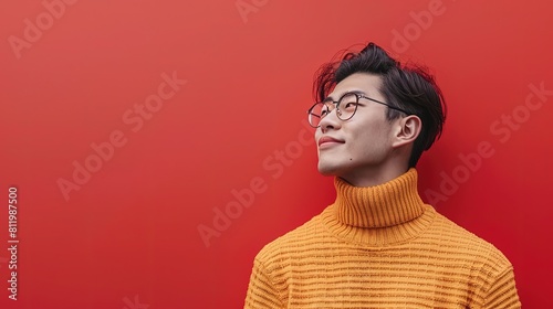 The gaze of a Korean man is distant yet focused, his mind clearly preoccupied with thoughts and ideas, against a solid red background