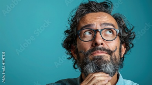 The gaze of a man is focused yet distant, his mind wandering into the unknown as he daydreams, lost in the depths of his imagination