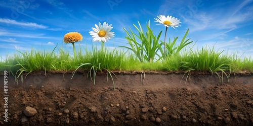 A cross-section of the top layer of soil shows an agronomically valuable soil texture and green grass with dandelions and daisie above it. The concept of ideal farming, proper land use to rich harves. photo