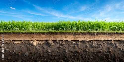 A cross-section of the top layer of soil shows an agronomically valuable soil texture and green grass above it. The concept of ideal farming and proper land use is the key to future harvests.
