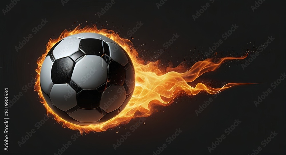 Fototapeta premium Realistic football ball with a fire trail & black background