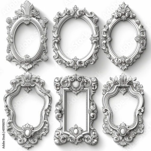 Set of ornate intricate baroque frames, premium pen tool cutouts, white background,Exquisite Baroque Frame Collection - Intricate 4K Wallpaper for Collectors
