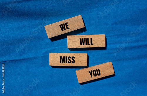 Photography We will miss you words written on wooden blocks with blue background