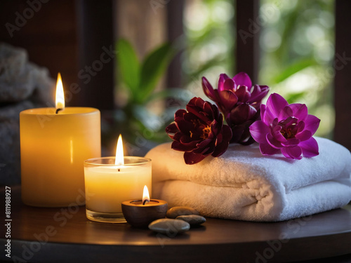 Spa Oasis  Candle  Flowers  and Massage Oil in Luxury Resort.