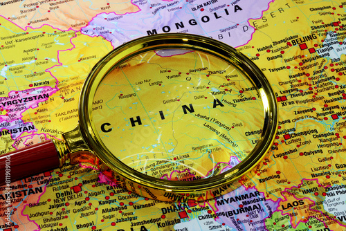 Photography China map under magnifying glass, loupe