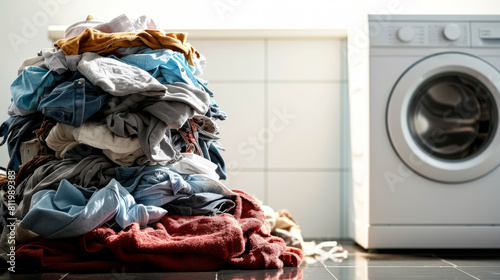 free space on the left corner for title banner realistic photo: image of dirty laundry piled up photo