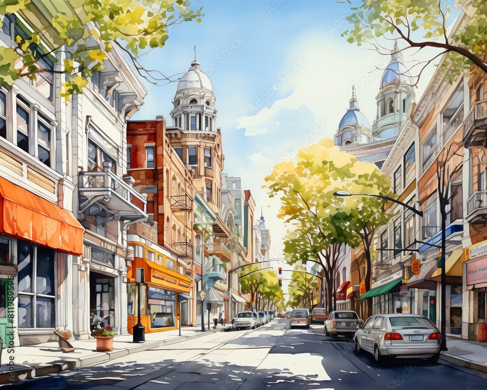 Naklejka premium Aquarelle painting of a small town street with colorful buildings, lush trees, and a blue sky.