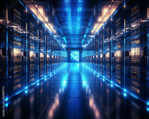 Hightech server room with rows of data servers emitting blue light, symbolizing powerful technology and data networks, crucial for modern digital infrastructure