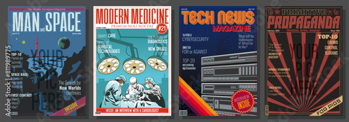 Typical Magazines Fake Cover Set. Color Magazines First Page Backgrounds. Cosmic Scientific, Medical, Technological, Propagandist Editions