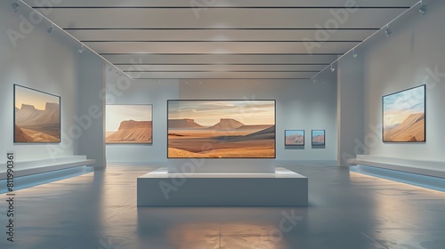 Artistic presentation of minimalist landscapes, including sparse desert scenes and quiet mountain vistas, displayed on a cleanlined podium in a zenlike exhibition space photo