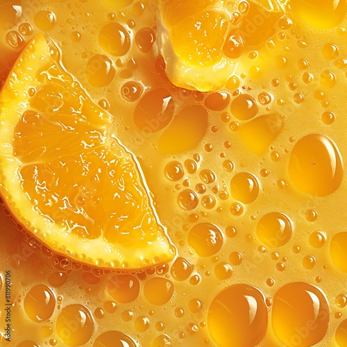 Close-up of orange slices and juice droplets in detail