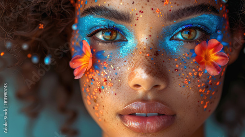 A stunning close-up portrait of a woman with glowing blue and orange makeup, and flowers on her face. © easybanana