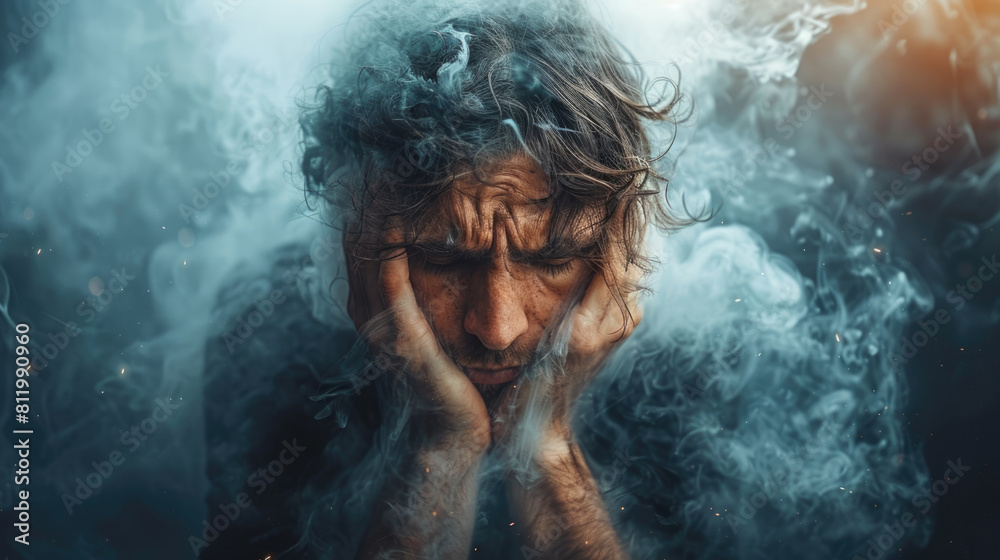 A man holds his head in his hands while surrounded by smoke A man holds his head in his hands while surrounded by smoke