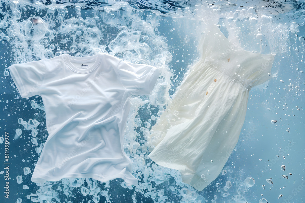 Dress and shirt submerged in water, surrounded by bubbles and splashes, conveying the idea of cleanliness and freshness thanks to the liquid detergent. Dress and shirt submerged in water, surrounded by bubbles and splashes, conveying the idea of cleanliness and freshness thanks to the liquid detergent.