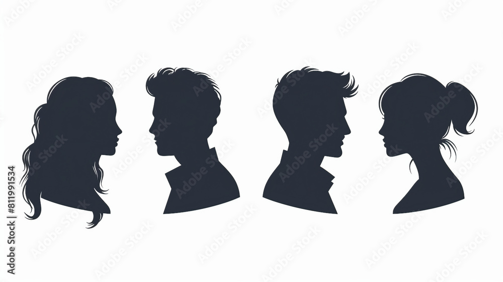 Male and female head icon silhouette avatars for profiles and logos - Modern vector design of man and woman faces in black and white for diverse identity concepts and team visuals.