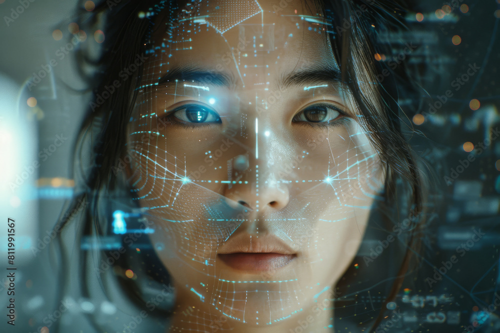 A close up of a woman 's face with a grid on it A close up of a woman 's face with a grid on it