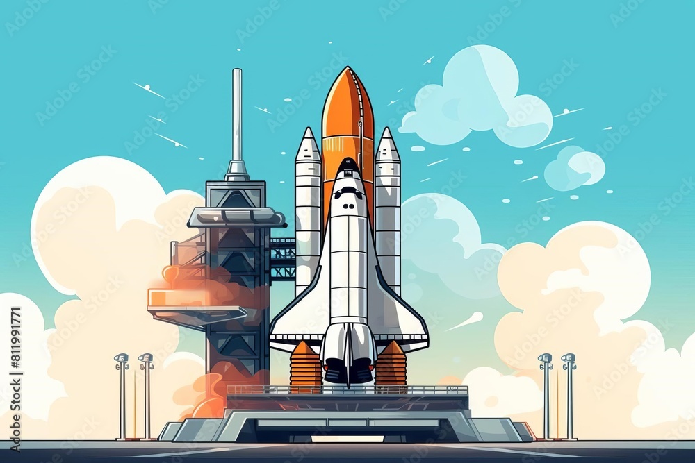 Obraz premium Design a flat design artwork of a space shuttle docking in front view with an orbital maneuvers theme in cartoon drawing using a Colored Pastel palette.