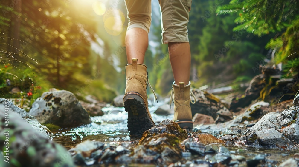 A woman is walking on a rocky path with her feet in the water A woman is walking on a rocky path with her feet in the water