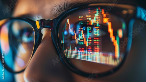 A man with glasses that displays stock growth charts, financial charts photo