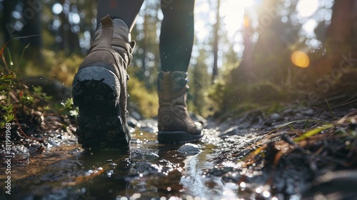 A woman is walking on a rocky path with her feet in the water