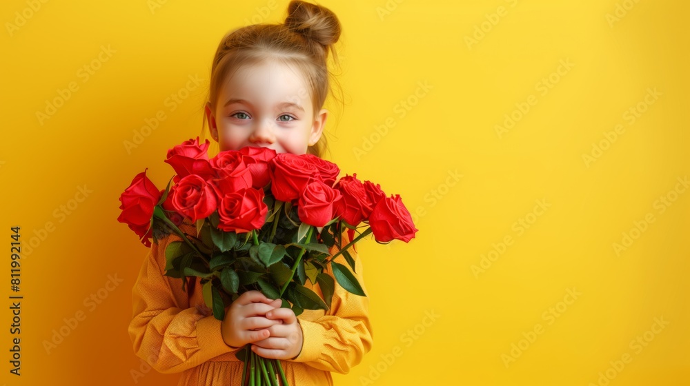 A little girl of six years old holding a large red bouquet of roses on a yellow background with space for your text A little girl of six years old holding a large red bouquet of roses on a yellow background with space for your text