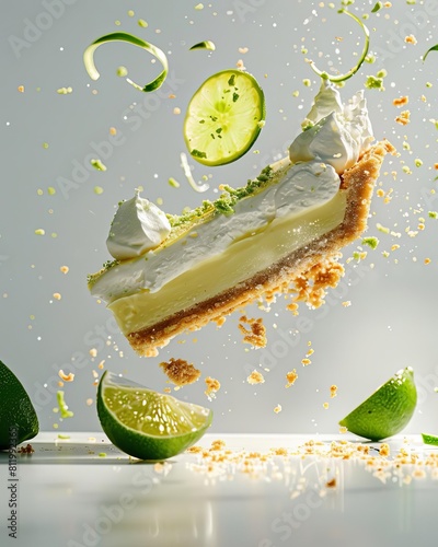 An epic stylized advertise photo of Key Lime Pie bursting energetically , set against a white background The scene Illuminated by dramatic side light, the scene features long shadows and textured move