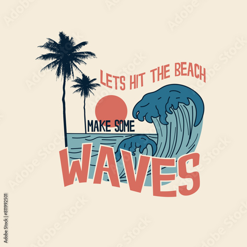 retro beach sunset waves typography summer palm tree t shirt design.eps