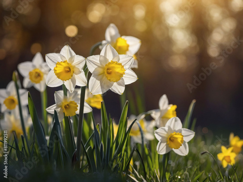 Spring Meadow Elegance, Daffodil Banner Shining in White and Yellow, Embraced by Warm Light.