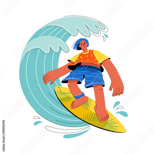 Male surfer character hyperbolic in flat style. Riding a surfboard on the waves.Isolated on a white background.Vector stock illustration.