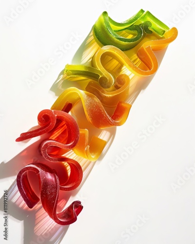 An epic stylized advertise photo of Fruit RollUps bursting energetically , set against a white background The scene Illuminated by dramatic side light, the scene features long shadows and textured mov photo