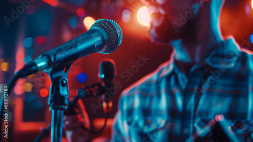 vocal studio advertising banner. cinematic singer in the spotlight with a microphone in a recording studio. Banner Vocalist sings in the studio. Practice and school of vocal. Music and teaching. 