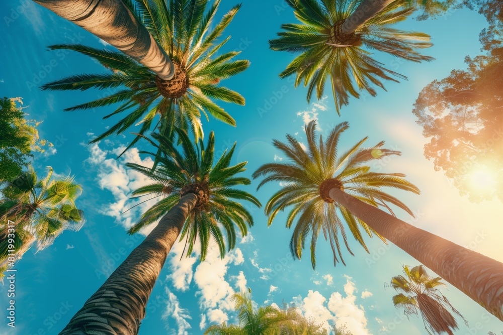 Palm trees view from below, beautiful clear sky and green palm trees, summer landscape